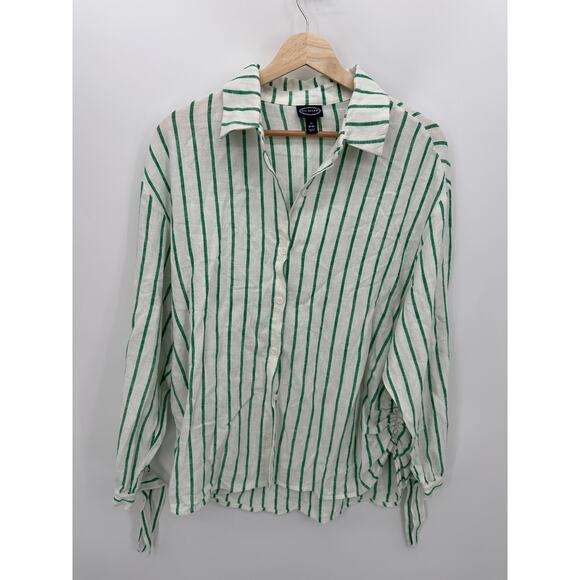Scoop Button Down Shirt Women Medium Green Striped Linen Rayon Collar Tunic - Picture 1 of 9